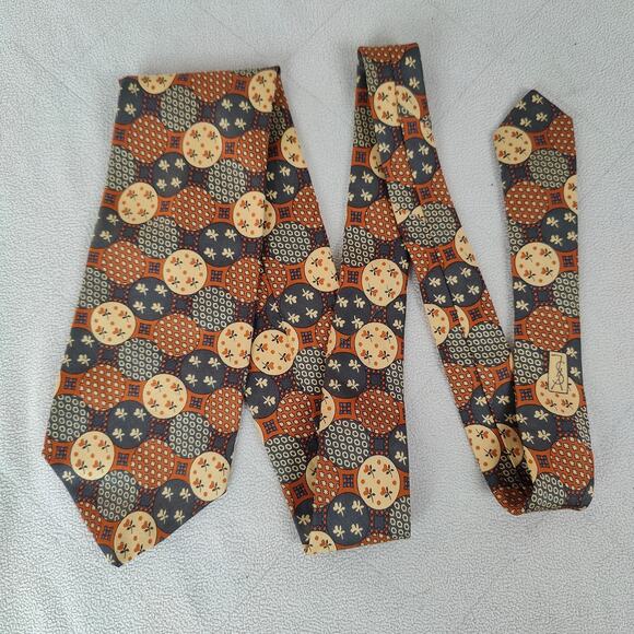Vintage Yves‎ Saint Laurent Neck Tie Mens Silk Brown Circle Print M May Co 70s - Picture 1 of 4